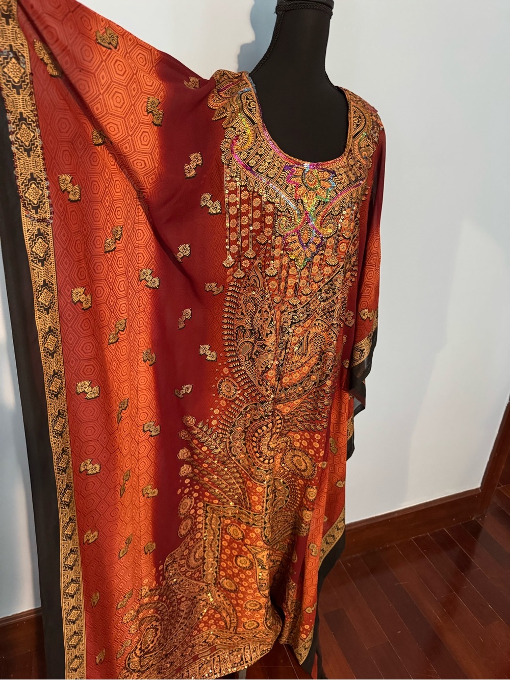 Embroidered Rust Paisley Caftan Dress - Picture 3 of 6